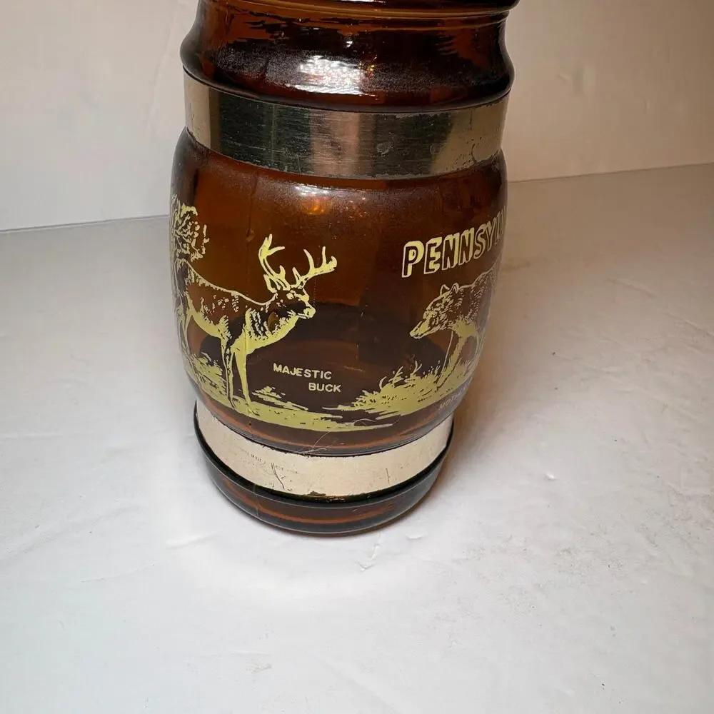 Vintage Pennsylvania Animals Bear Buck Souvenir Brown Glass Barrel Mug Wood